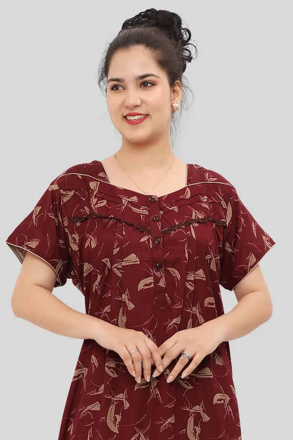 Maroon_Floral_Cotton_blend_Night_Dress_For_Ladies