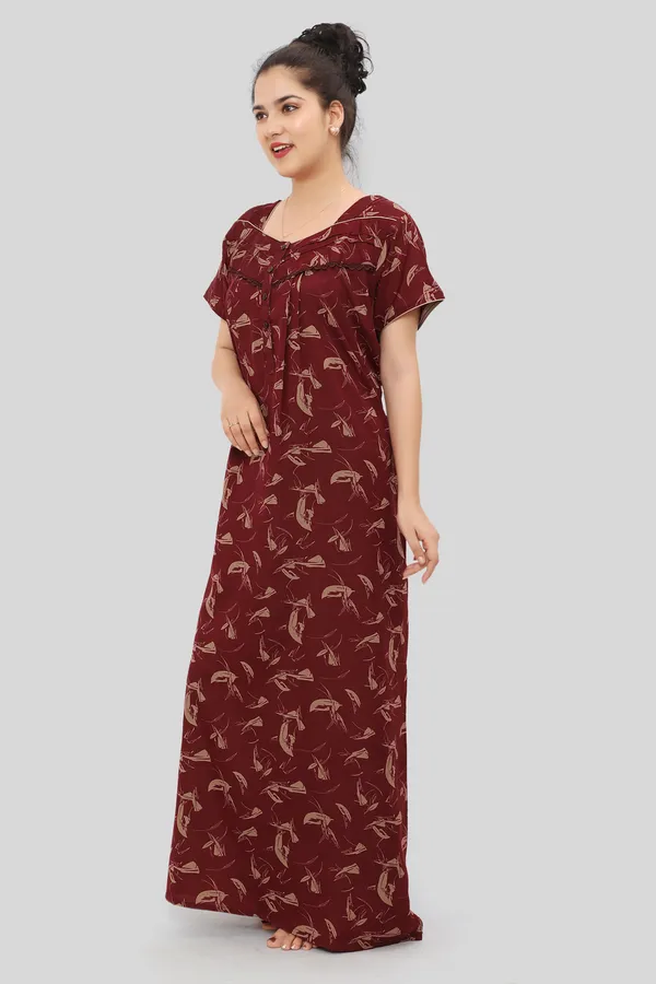 Maroon_Floral_Cotton_blend_Night_Dress_For_Ladies