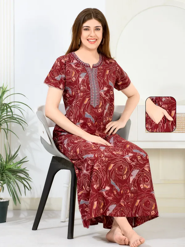 Maroon_abstract_Cotton_blend_Night_Dress_For_Ladies