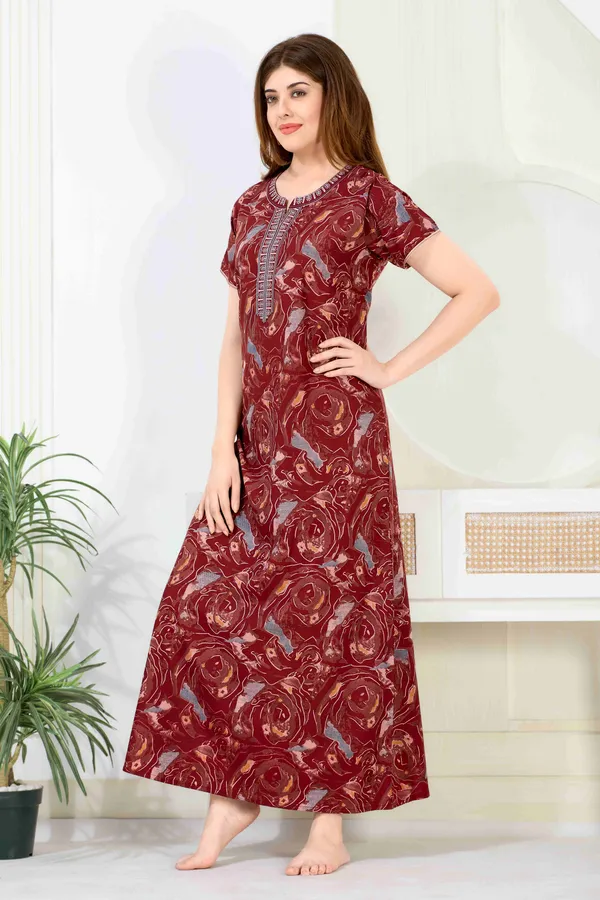 Maroon_abstract_Cotton_blend_Night_Dress_For_Ladies
