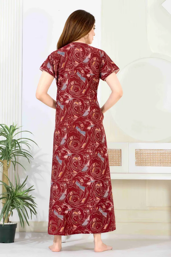 Maroon_abstract_Cotton_blend_Night_Dress_For_Ladies