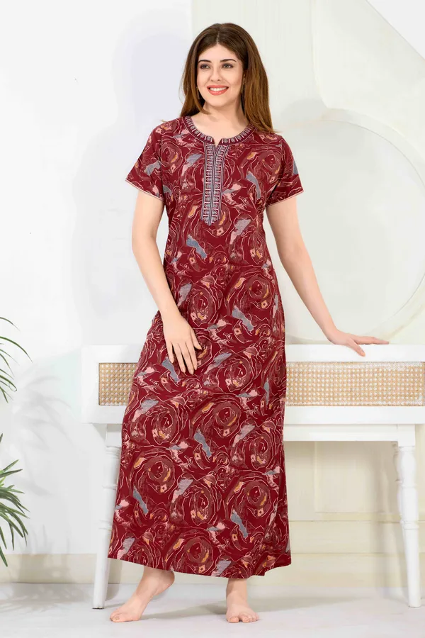 Maroon_abstract_Cotton_blend_Night_Dress_For_Ladies