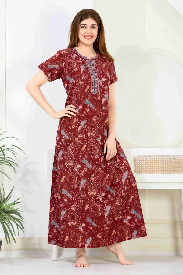 Maroon_abstract_Cotton_blend_Night_Dress_For_Ladies