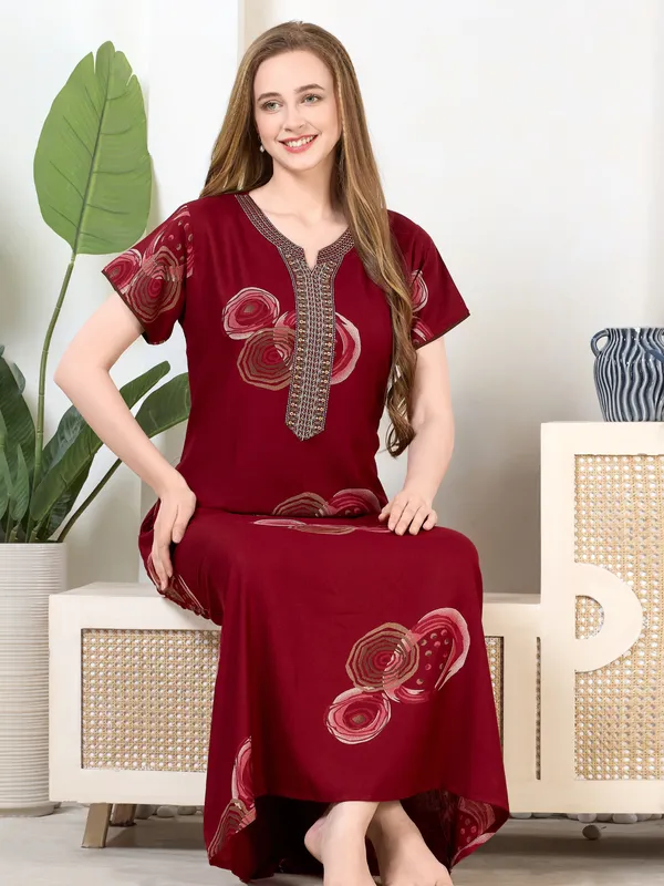 Maroon_abstract_embroidered__A-line_Alpine__Nighty_for_Women