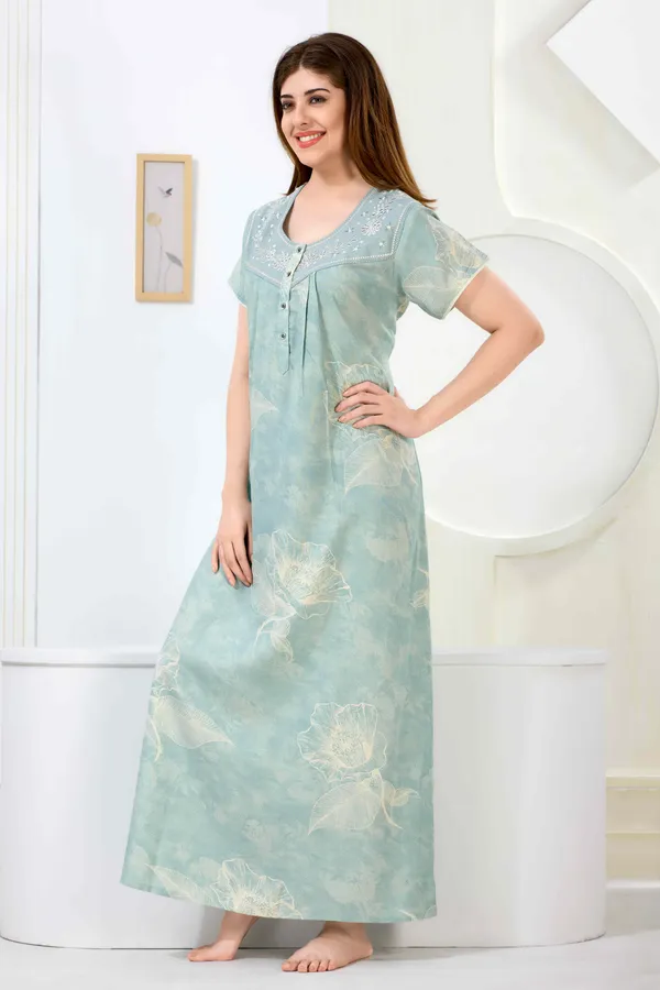 Mint_green_floral_pleated_alpine_neck_embroidery_nighty_for_womens