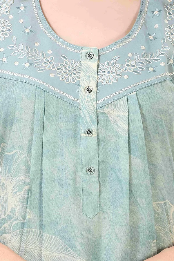 Mint_green_floral_pleated_alpine_neck_embroidery_nighty_for_womens