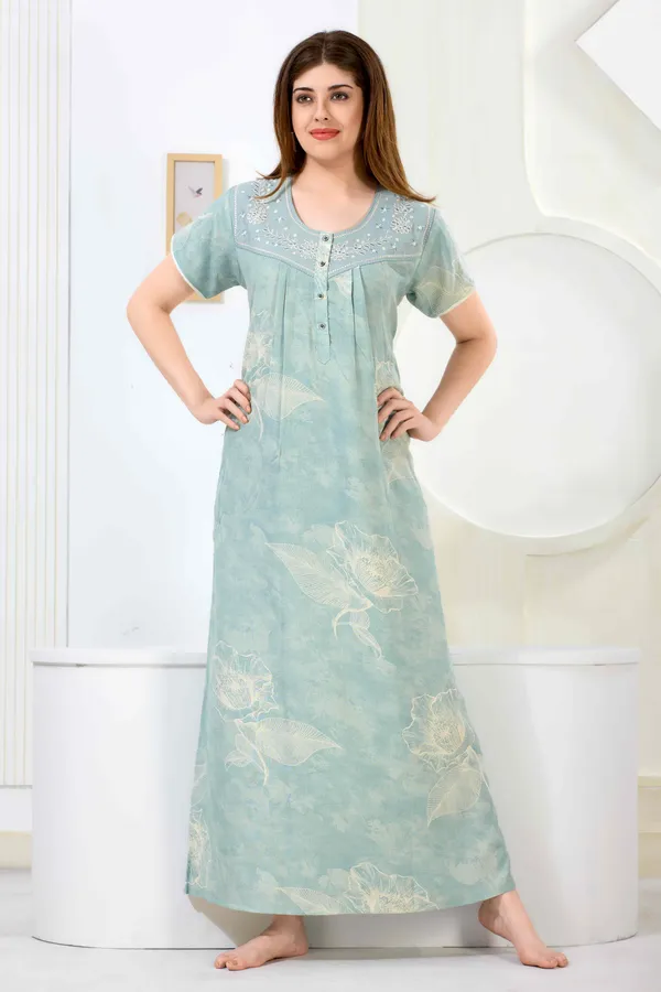 Mint_green_floral_pleated_alpine_neck_embroidery_nighty_for_womens
