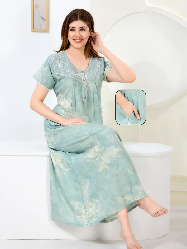 Mint_green_floral_pleated_alpine_neck_embroidery_nighty_for_womens