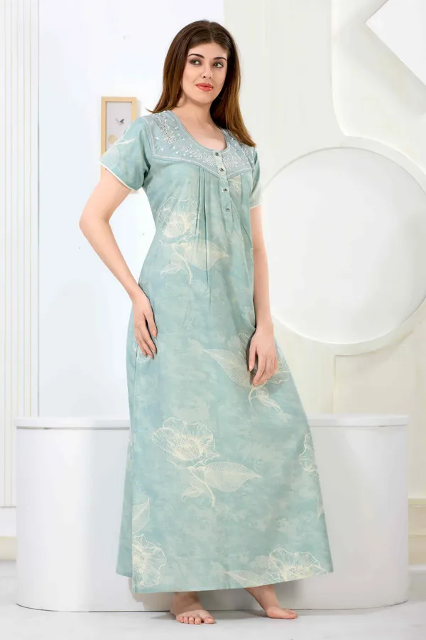 Mint_green_floral_pleated_alpine_neck_embroidery_nighty_for_womens