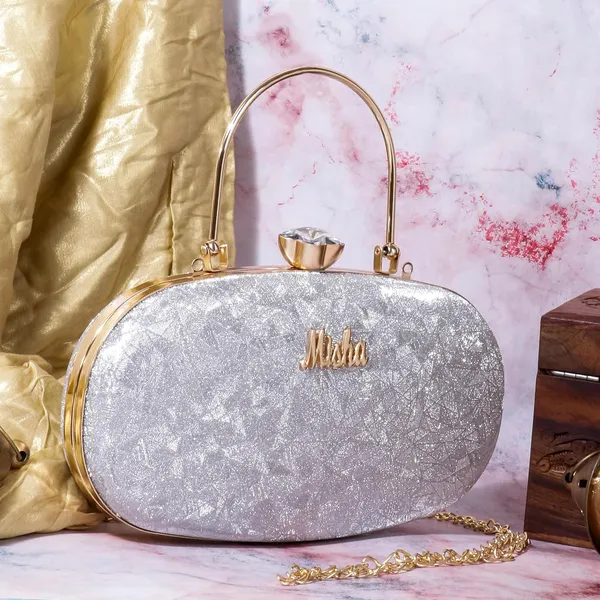 Grey_Cracked_Ice_Metallic_Noir_Glint_Oval_Clutch_For_Women_&_Girls_(23_X_3_X_13_Cm)