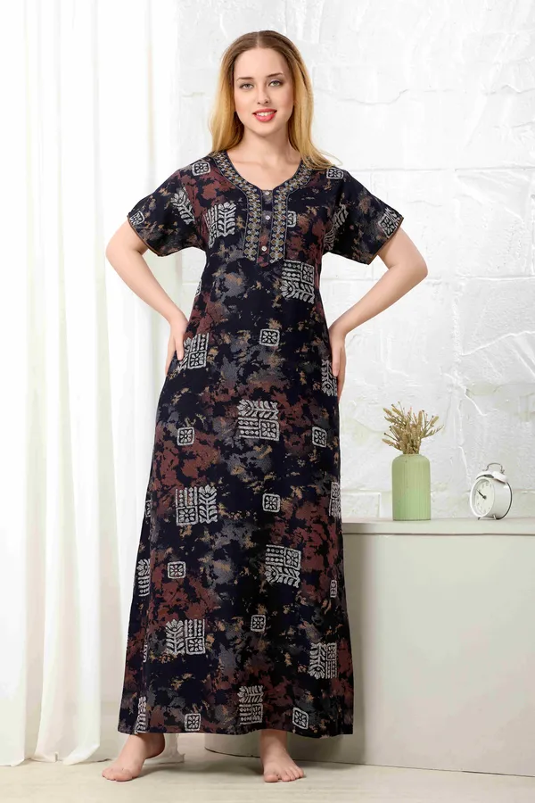 Navy_blue_Ajrakh_style_embroidered__A-line_Alpine__Nighty_for_Women