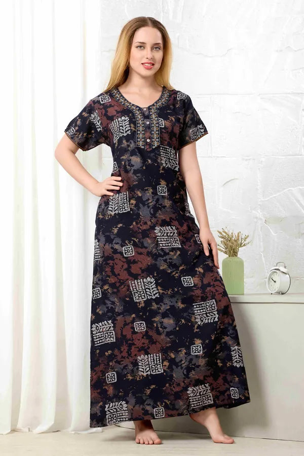 Navy_blue_Ajrakh_style_embroidered__A-line_Alpine__Nighty_for_Women