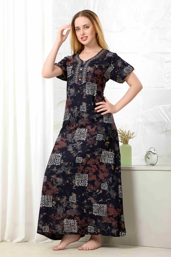 Navy_blue_Ajrakh_style_embroidered__A-line_Alpine__Nighty_for_Women