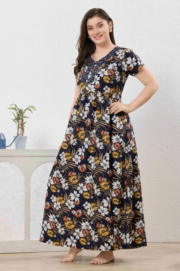 Navy_blue_abstract_print_rayon_Night_Dress_with_flair_and_belt_For_Ladies