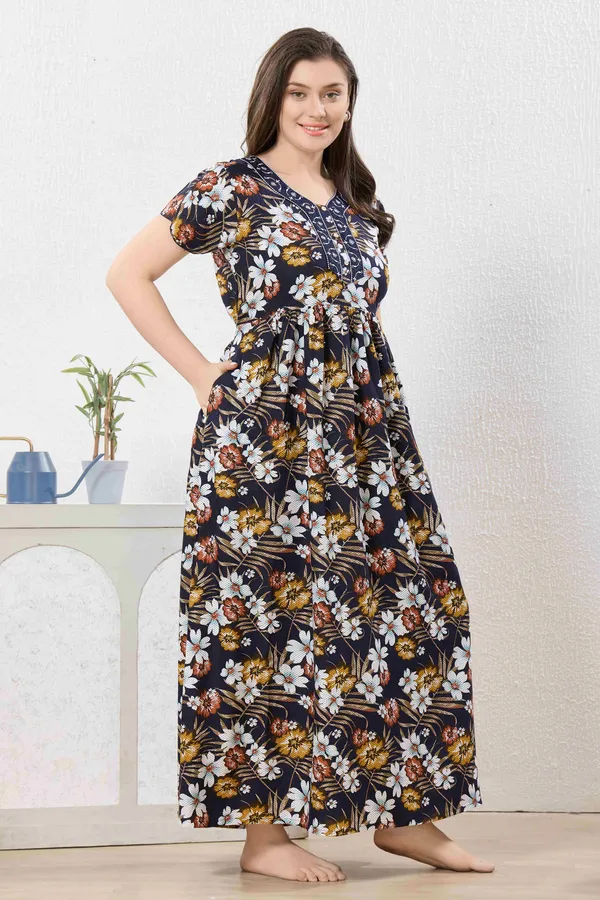 Navy_blue_abstract_print_rayon_Night_Dress_with_flair_and_belt_For_Ladies