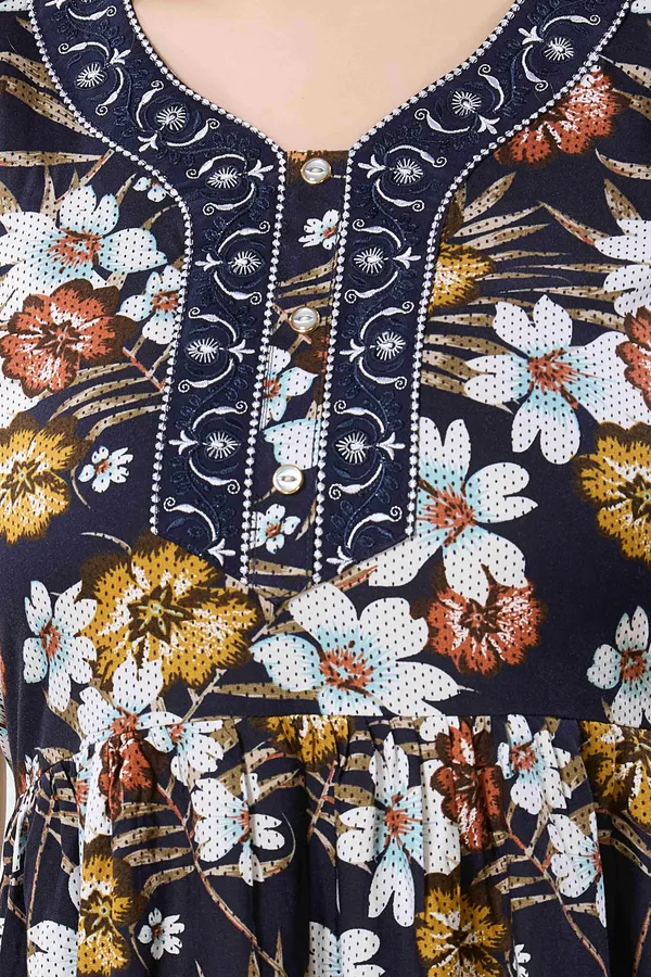 Navy_blue_abstract_print_rayon_Night_Dress_with_flair_and_belt_For_Ladies