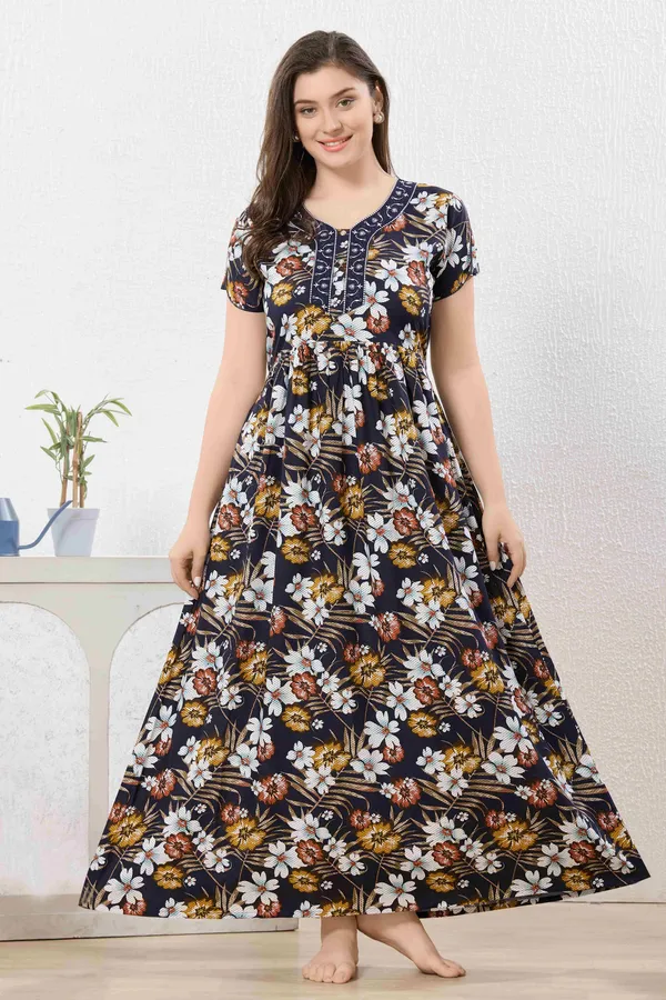 Navy_blue_abstract_print_rayon_Night_Dress_with_flair_and_belt_For_Ladies