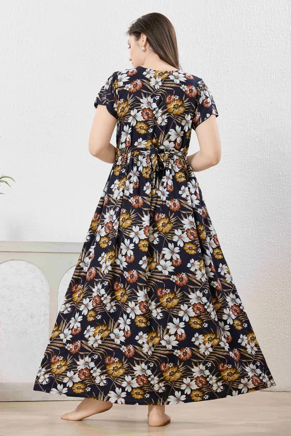 Navy_blue_abstract_print_rayon_Night_Dress_with_flair_and_belt_For_Ladies