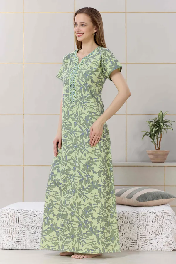Neon_green_floral__print_hosiery_Night_Dress_with_embroidery_neck_For_Ladies