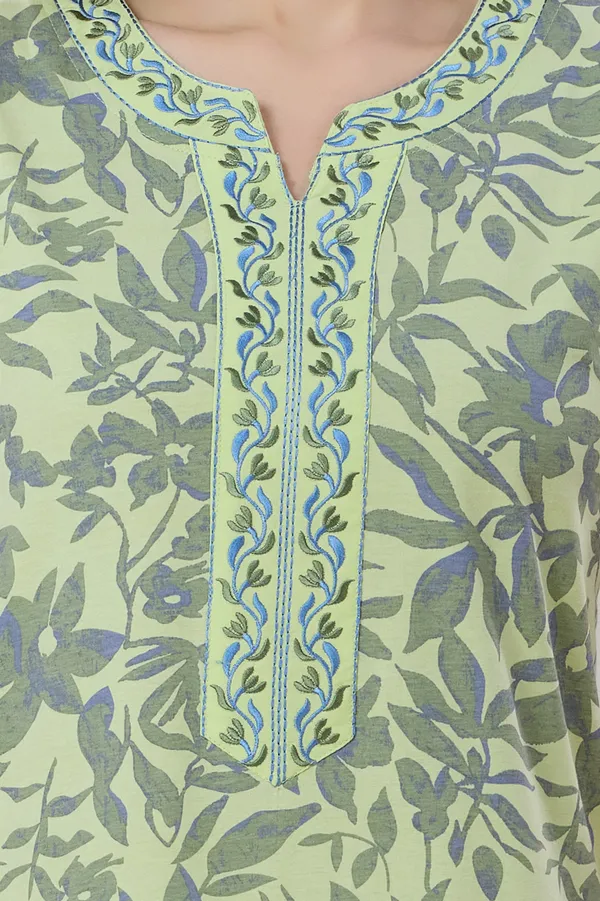 Neon_green_floral__print_hosiery_Night_Dress_with_embroidery_neck_For_Ladies
