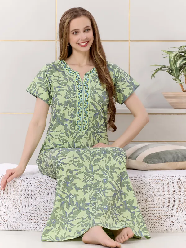 Neon_green_floral__print_hosiery_Night_Dress_with_embroidery_neck_For_Ladies