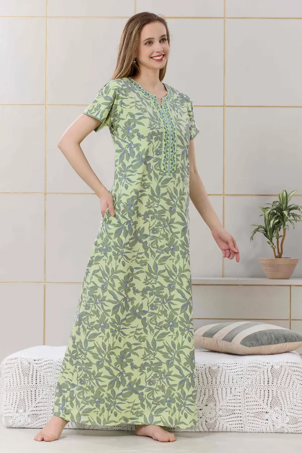 Neon_green_floral__print_hosiery_Night_Dress_with_embroidery_neck_For_Ladies