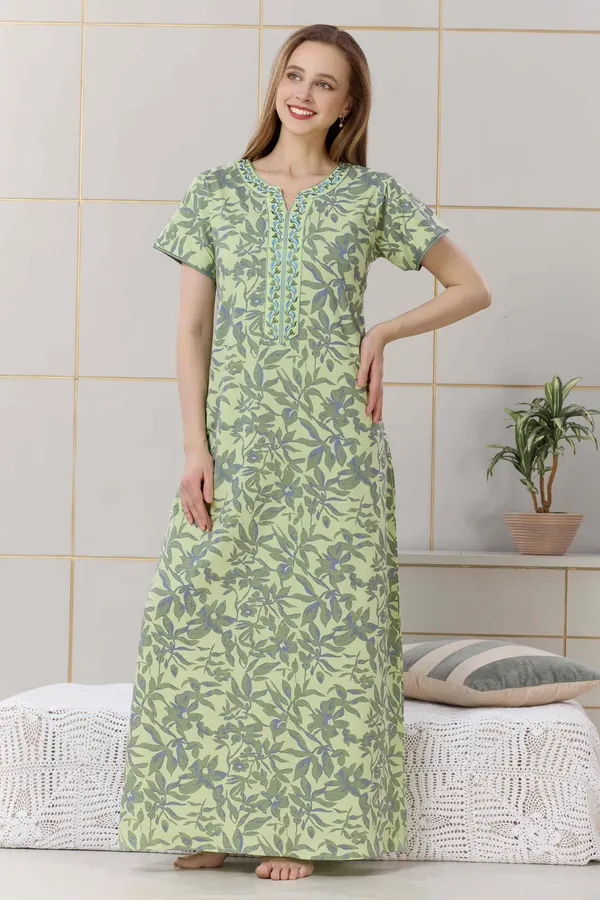 Neon_green_floral__print_hosiery_Night_Dress_with_embroidery_neck_For_Ladies