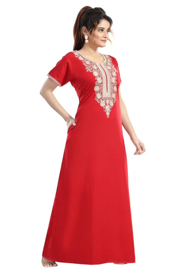 Red_plain_embroidered_Cotton_blend_Night_Dress_For_Ladies