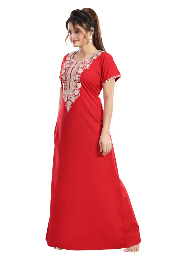 Red_plain_embroidered_Cotton_blend_Night_Dress_For_Ladies
