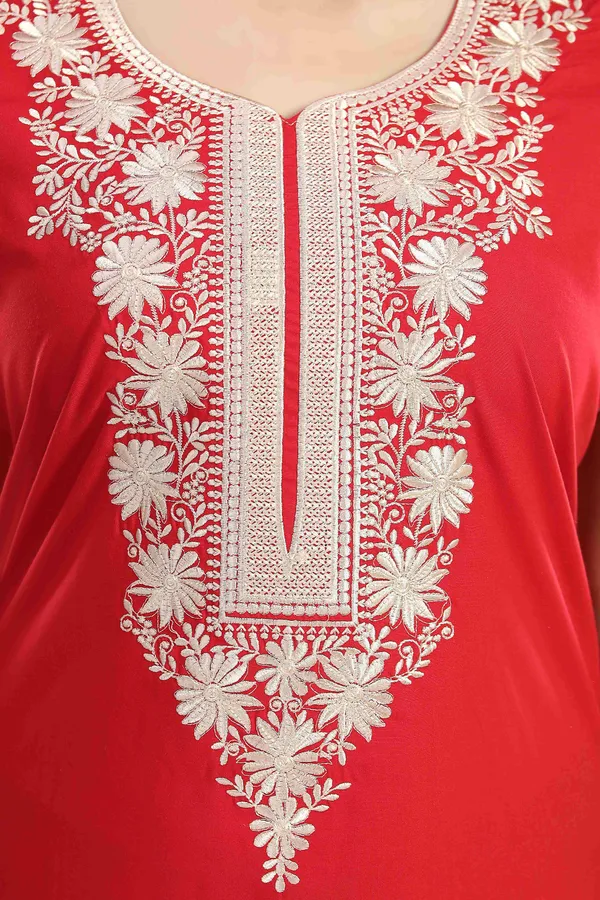 Red_plain_embroidered_Cotton_blend_Night_Dress_For_Ladies