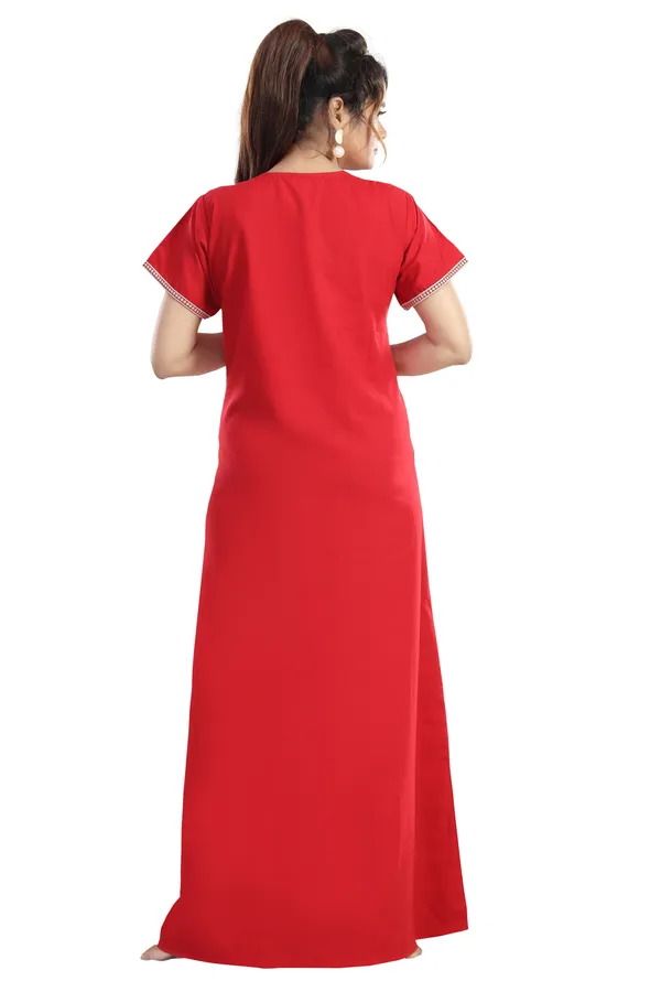 Red_plain_embroidered_Cotton_blend_Night_Dress_For_Ladies