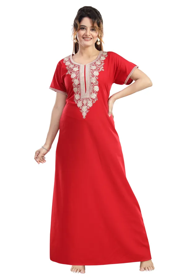 Red_plain_embroidered_Cotton_blend_Night_Dress_For_Ladies