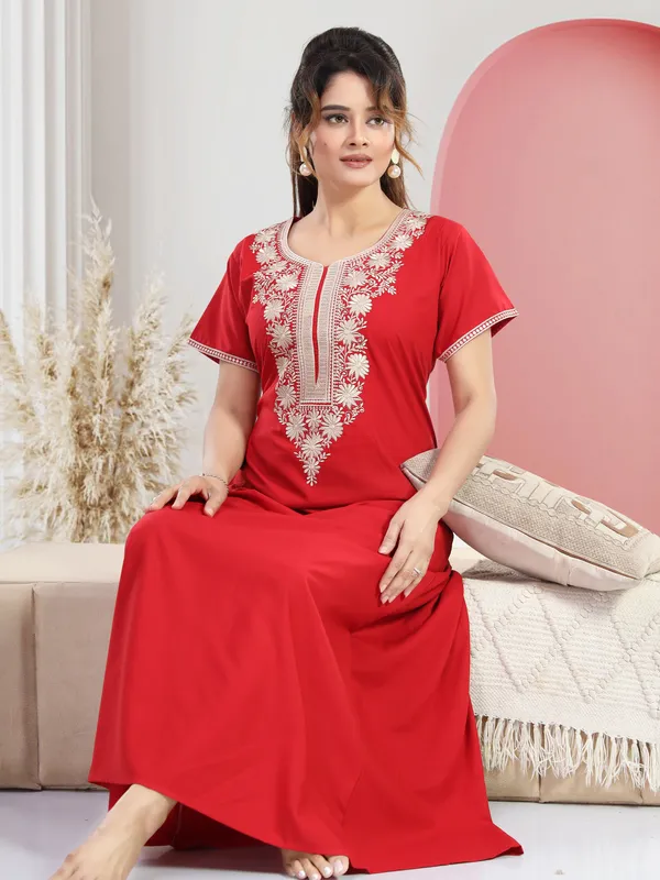 Red_plain_embroidered_Cotton_blend_Night_Dress_For_Ladies