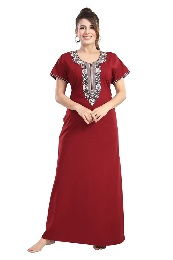 Maroon_plain_Cotton_blend_Night_Dress_For_Ladies