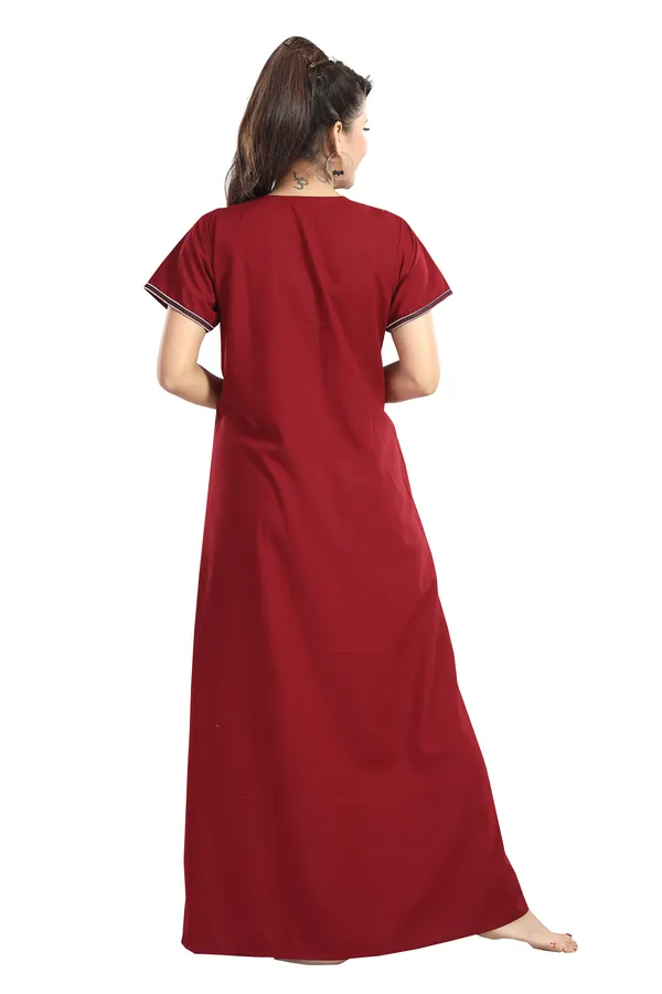 Maroon_plain_Cotton_blend_Night_Dress_For_Ladies