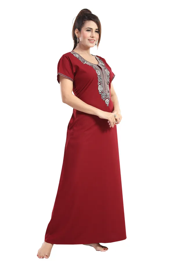 Maroon_plain_Cotton_blend_Night_Dress_For_Ladies