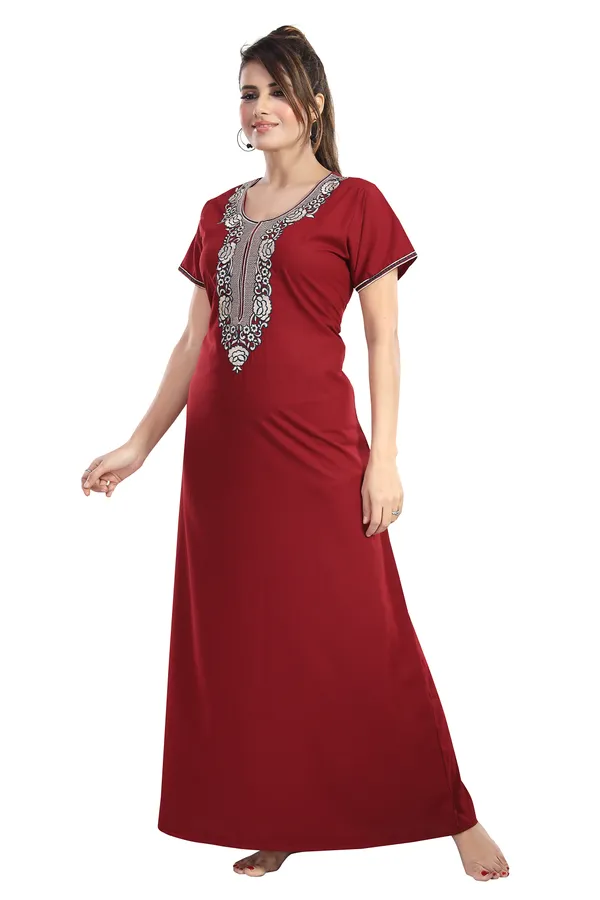 Maroon_plain_Cotton_blend_Night_Dress_For_Ladies