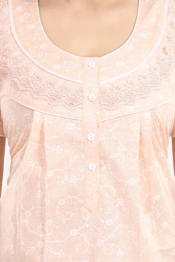 Peach_Floral_Pure_Cotton_Night_Dress_For_Ladies