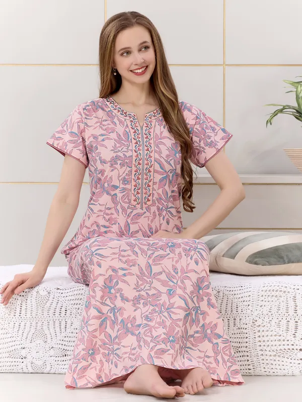Peach_floral__print_hosiery_Night_Dress_with_embroidery_neck_For_Ladies