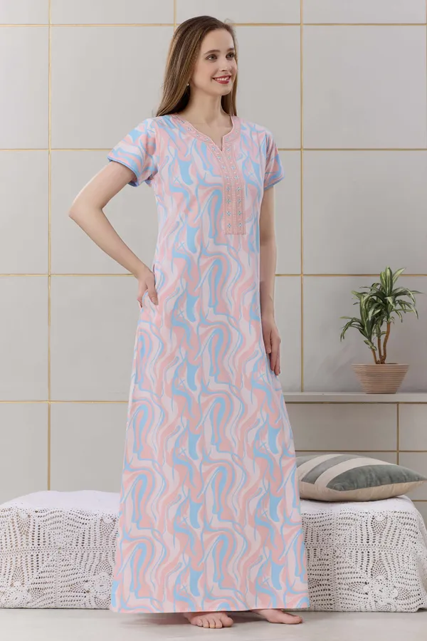 Peach_floral__print_hosiery_Night_Dress_with_embroidery_neck_For_Ladies
