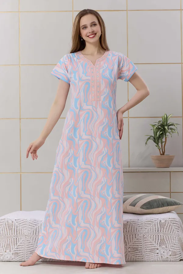 Peach_floral__print_hosiery_Night_Dress_with_embroidery_neck_For_Ladies