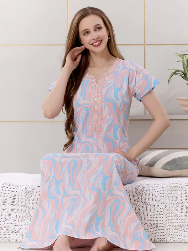 Peach_floral__print_hosiery_Night_Dress_with_embroidery_neck_For_Ladies