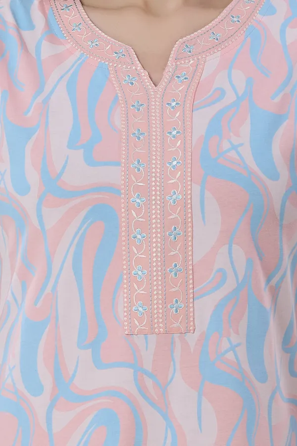 Peach_floral__print_hosiery_Night_Dress_with_embroidery_neck_For_Ladies