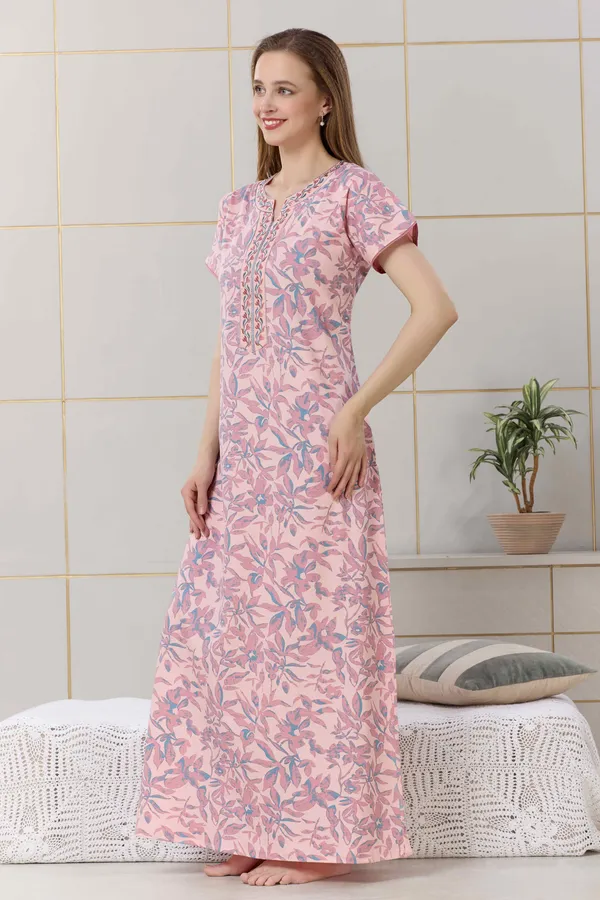 Peach_floral__print_hosiery_Night_Dress_with_embroidery_neck_For_Ladies