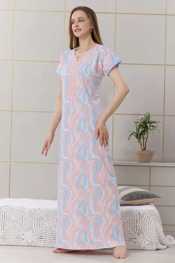 Peach_floral__print_hosiery_Night_Dress_with_embroidery_neck_For_Ladies