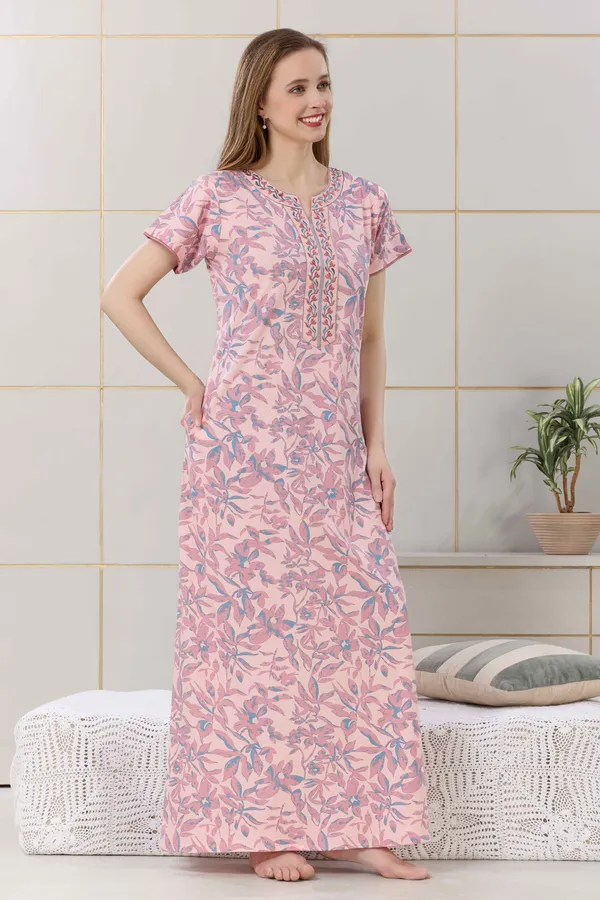 Peach_floral__print_hosiery_Night_Dress_with_embroidery_neck_For_Ladies