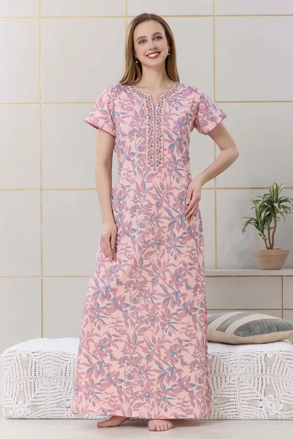 Peach_floral__print_hosiery_Night_Dress_with_embroidery_neck_For_Ladies