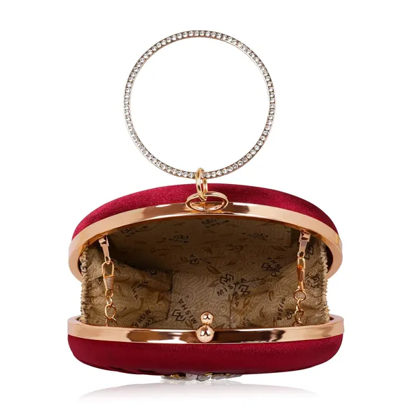 Maroon_Radiant_Bloom_Ring_Clutch,_Crystal_Rhinestone_Brooch,_Ring_Handle_With_Chain_For_Women_&_Girls_(14_X_3_X_14_Cm)
