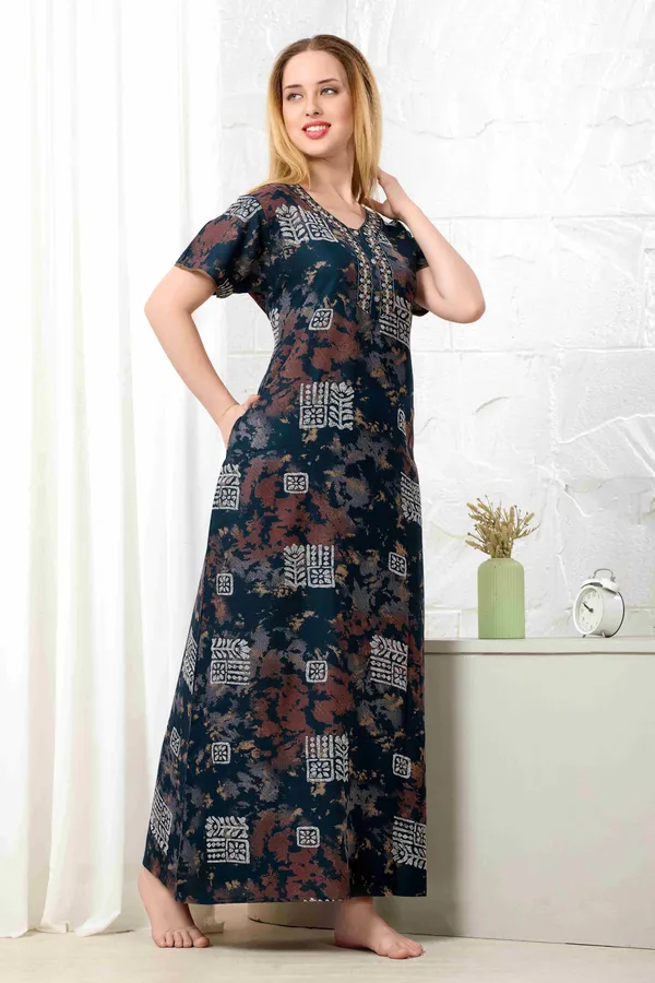 Rama_green_Ajrakh_style_embroidered__A-line_Alpine__Nighty_for_Women