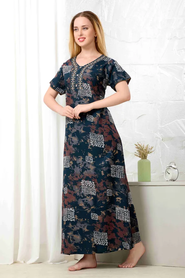 Rama_green_Ajrakh_style_embroidered__A-line_Alpine__Nighty_for_Women